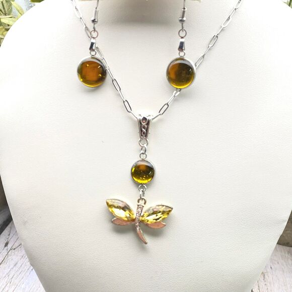 Handmade Jewelry - Silver Tone Dragonfly Pendant Necklace & Earrings Set – Yellow Glass